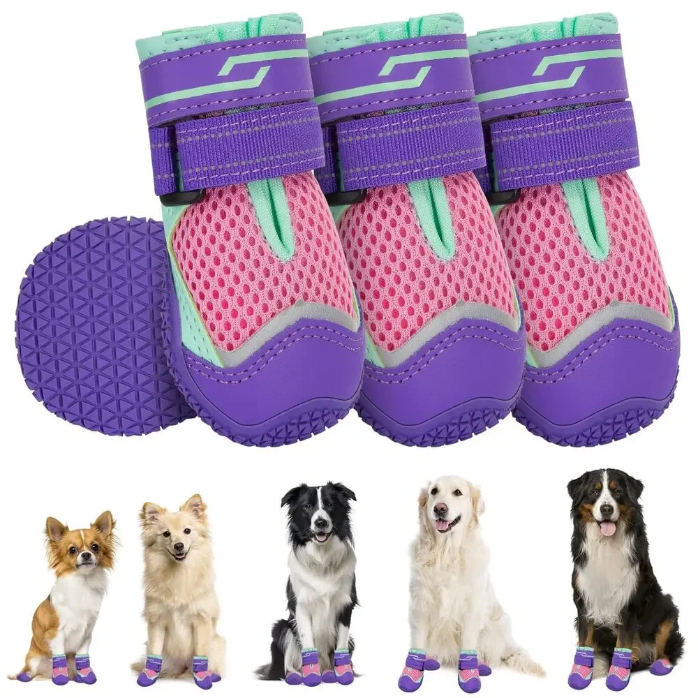 Dog Shoes Paw Protectors Reflective Breathable Mesh Anti Slip Purple Pink Mint 4